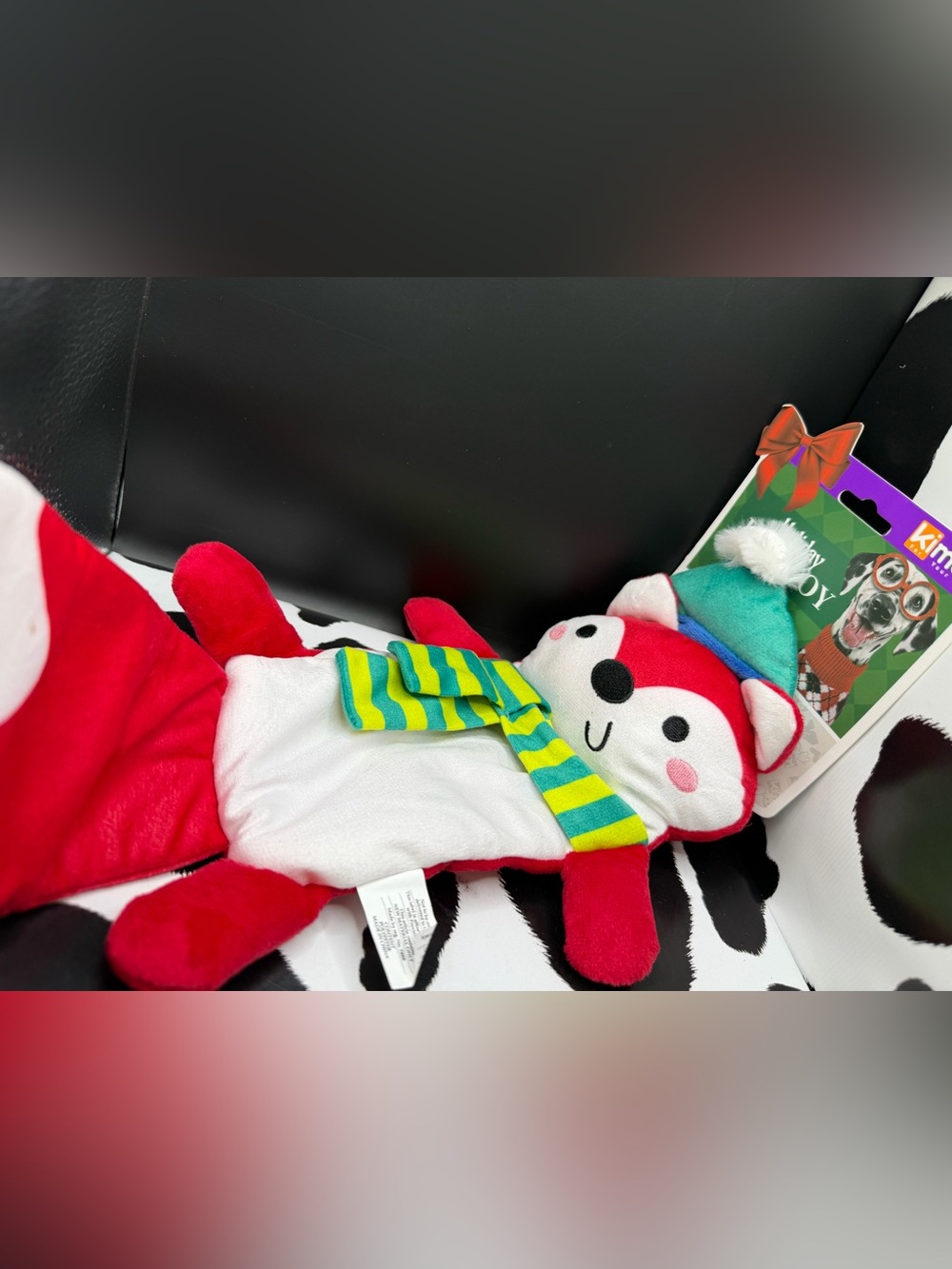 Red Plush Fox with Striped Green-Yellow Scarf Durable Dual-Sound Dog Toy